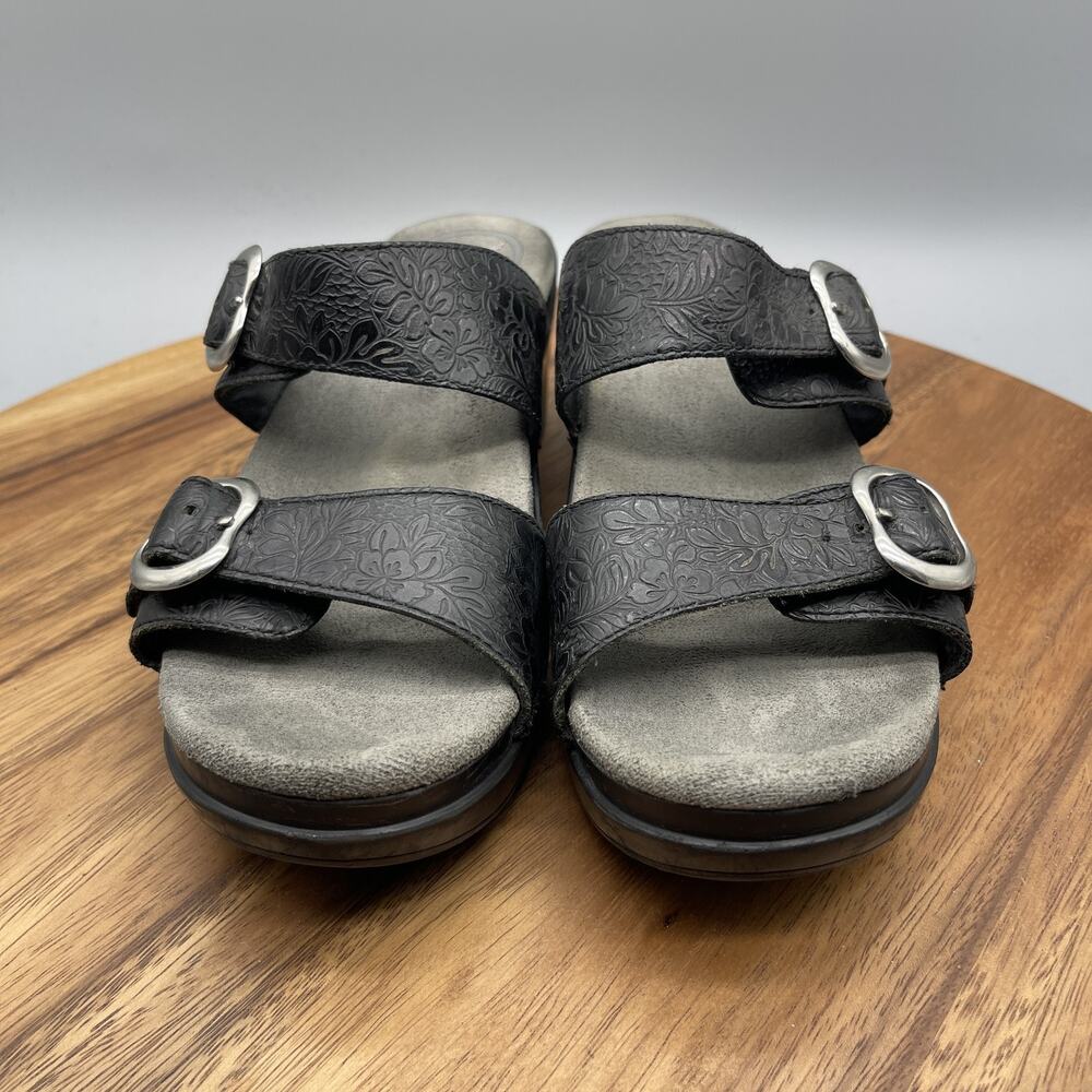 Dansko Shoes Womens 8.5 / 39 Black Embossed Wedge Sandals Comfort Slip On Buckle - Picture 2 of 8